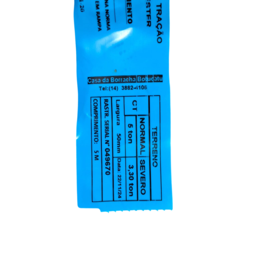 Etiqueta com informações de tração e especificações do produto.