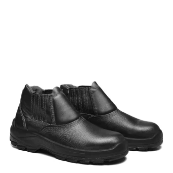 Botas de segurança pretas com design em couro e solado antiderrapante.