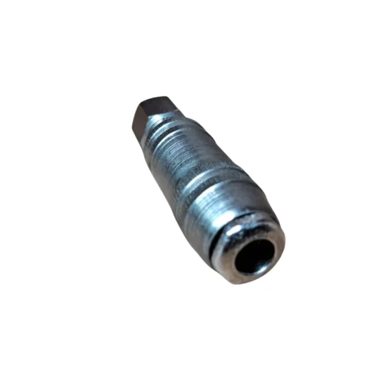 Conector metálico cilíndrico com rosca e furo em uma extremidade