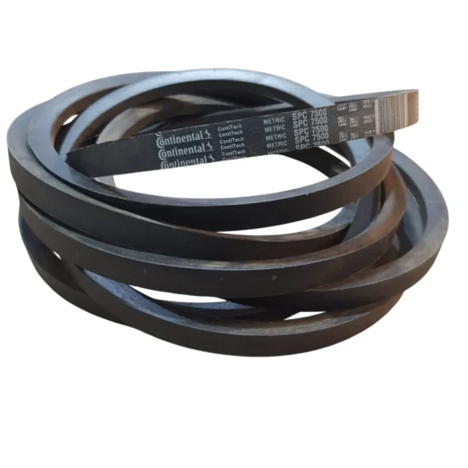 Conjunto de correias em V pretas empilhadas, com marca Continental visível.