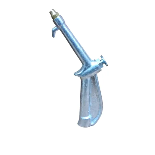 Pistola de ar comprimido em metal com acabamento prateado.