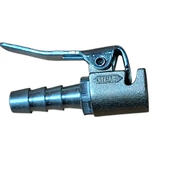 Conector de ar com alavanca metálica, utilizado em ferramentas pneumáticas.