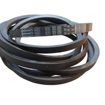 Conjunto de correias em polímero na cor preta, empilhadas, com a marca Continental visível.