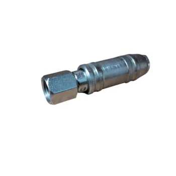 Conector metálico cilíndrico com rosca em uma extremidade.