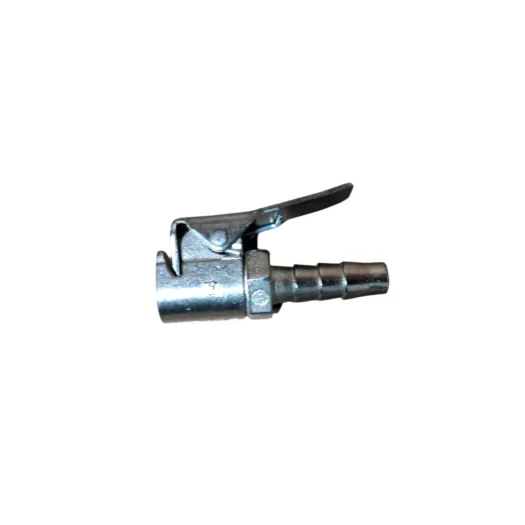 Conector de ar metálico com engate rápido e clipe ajustável.