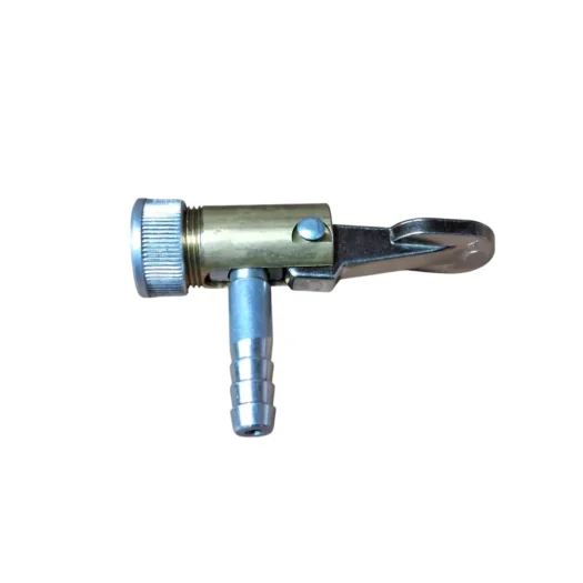 Conector de ar de metal com engate rápido e válvula reguladora.