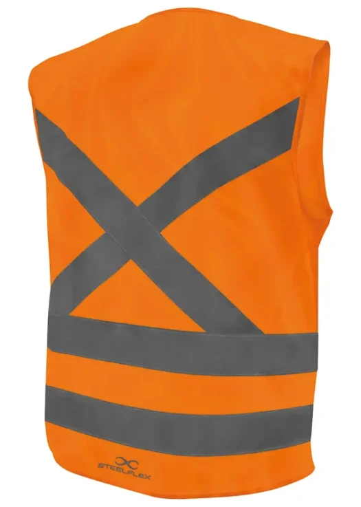 Colete laranja com faixas refletivas em formato de X na parte de trás.