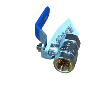 V&aacute;lvula de esfera de metal com alavanca azul e etiqueta de pre&ccedil;os.