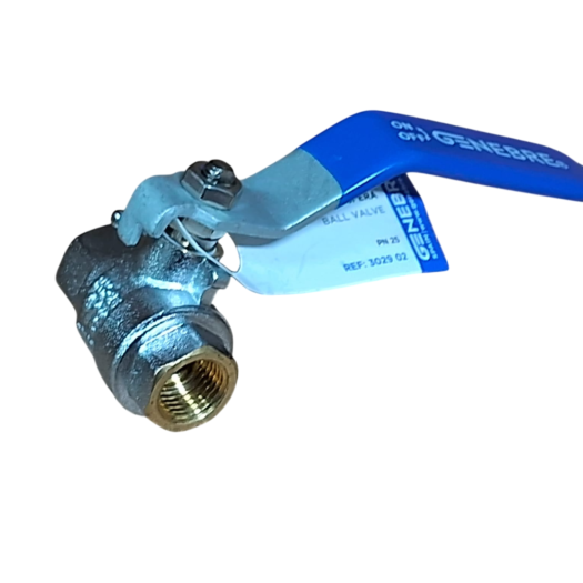 Válvula de metal com manípulo azul e etiqueta, com rosca dourada na base.