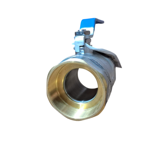 Válvula de esfera metálica com acabamentos em bronze e azul na alavanca.