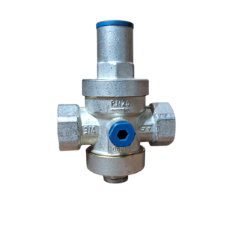 V&aacute;lvula de press&atilde;o PN25 com corpo met&aacute;lico e anel azul, conex&atilde;o 3/4.