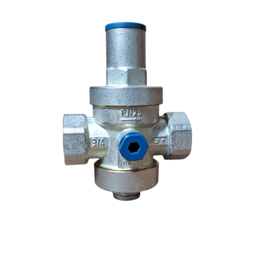 Válvula de pressão PN25 com corpo metálico e anel azul, conexão 3/4.