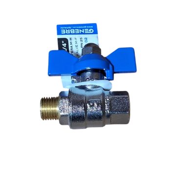 Válvula de esfera de 1/4" com saída macho e alavanca azul.