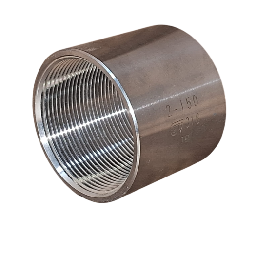 Conector de metal com rosca interna, fabricado em aço inoxidável.
