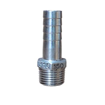 Conector met&aacute;lico com rosca e corpo liso para mangueiras.
