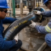 Dois trabalhadores instalando um tubo flexível em um equipamento industrial.