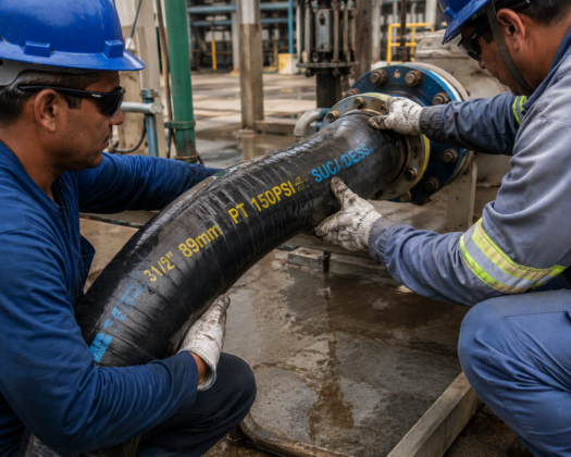 Dois trabalhadores instalando um tubo flexível em um equipamento industrial.