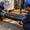 Dois trabalhadores ajustando um tubo de 8 polegadas em uma instalação industrial.