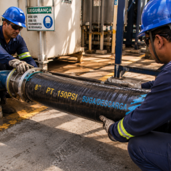 Dois trabalhadores ajustando um tubo de 8 polegadas em uma instala&ccedil;&atilde;o industrial.