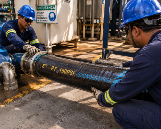 Dois trabalhadores ajustando um tubo de 8 polegadas em uma instalação industrial.