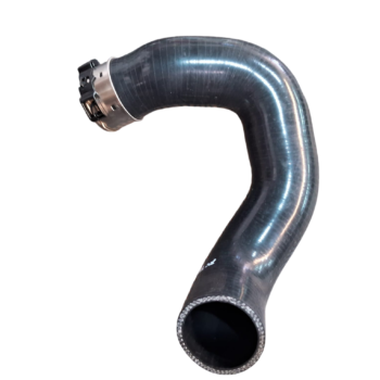 Mangueira curva de silicone com braçadeira metálica na extremidade.