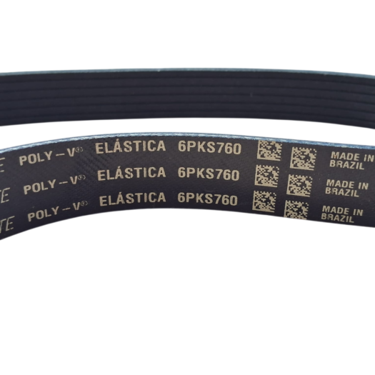 Correia elástica POLY-V 6PKS760, com várias etiquetas visíveis