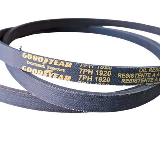 Correias Goodyear com inscrições de especificações e resistência.