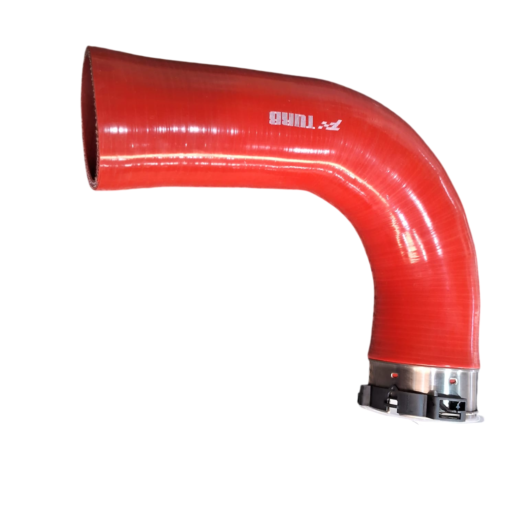 Mangueira curva vermelha com braçadeira de metal na extremidade. Ideal para sistemas automotivos.