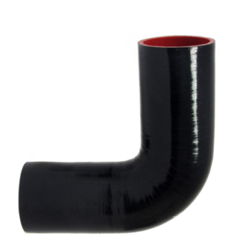 Curva de tubo preto com extremidade vermelha para sistemas de ventilação.