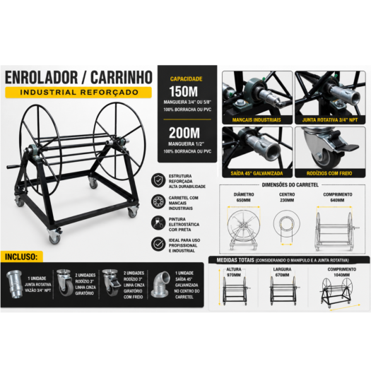 Enrolador carrinho industrial reforçado para mangueira, com estrutura e rodízios.