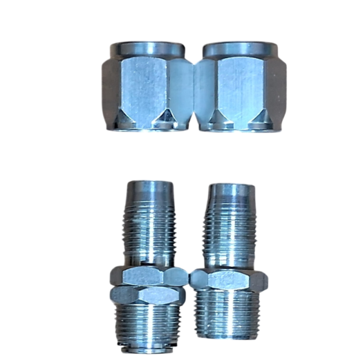 Conjunto de conexões de metal para tubulação, com duas peças hexagonais em cima e duas roscadas embaixo.