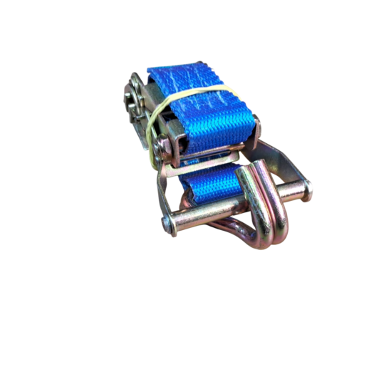 Cinta de amarração com fita azul e gancho de metal.