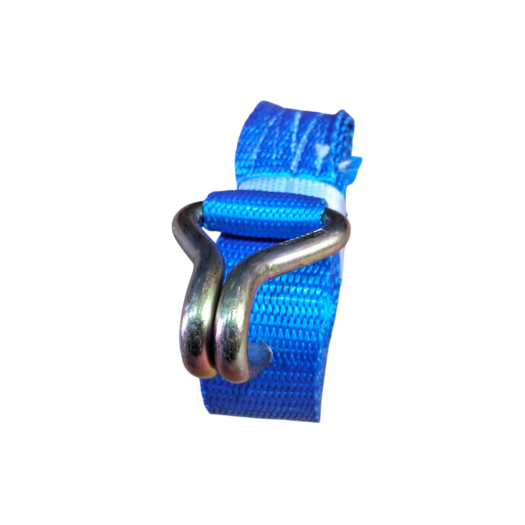 Fita azul de amarração com gancho metálico.