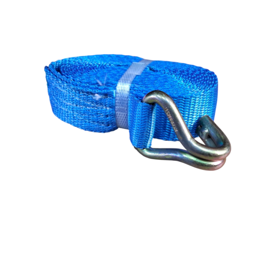 Cinta azul com gancho de metal, enrolada e presa por uma fita