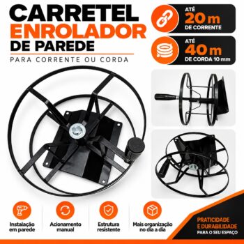 Carretel Enrolador de Parede para Corrente ou Corda – Até 20 m de Corrente ou 40 m de Corda 10 mm
