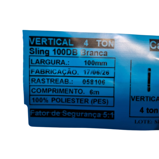 Etiqueta de sling vertical 4 ton, com especificações técnicas.