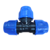 Conector em T de plástico azul com rosca para tubos.