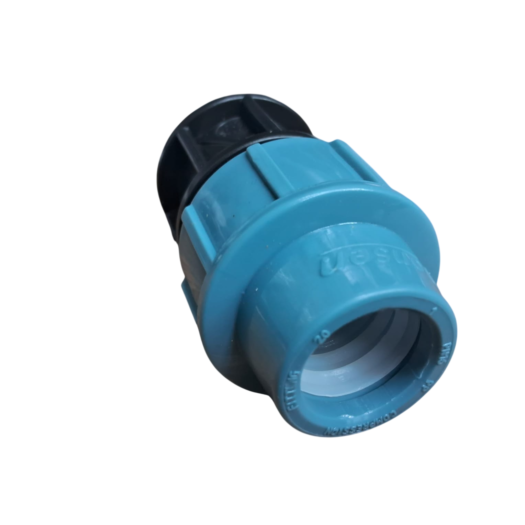 Conector plástico azul e preto para tubulações.
