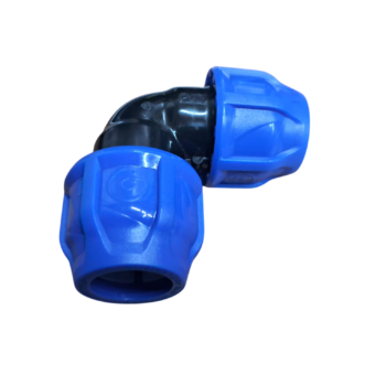 Conexão de PVC em formato de cotovelo azul e preto.