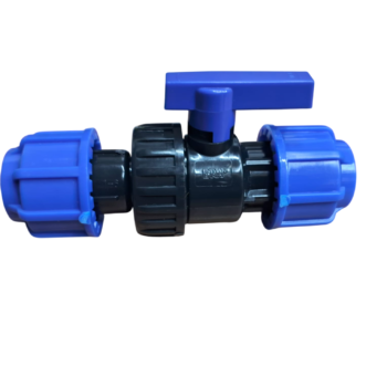 Válvula de controle com corpo preto e extremidades azul.