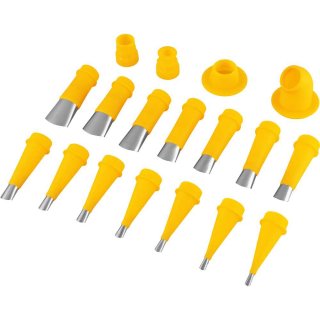 Conjunto de bicos de confeitar amarelos em diversos formatos e tamanhos.