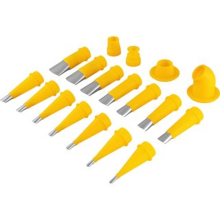 Conjunto de bicos de diferentes formatos em amarelo, com partes metálicas.
