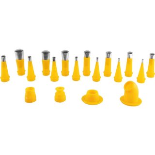 Conjunto de bicos de confeitar amarelos com diferentes formatos e tamanhos.