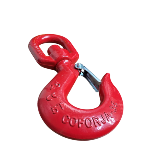 Gancho de metal vermelho com fechamento de segurança.