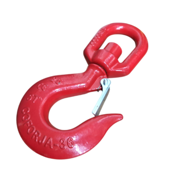 Ganchos de metal vermelho para eleva&ccedil;&atilde;o de cargas, com mecanismo de fecho.