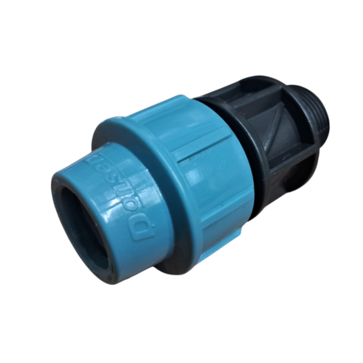 Conector de plástico azul e preto para tubos de irrigação.